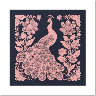 Pink block print of an american peacock Posters and Art